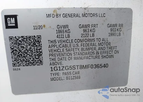 2021 Chevrolet Malibu Fwd Rs из США, поврежденный, VIN 1G1ZG5ST8MF036540